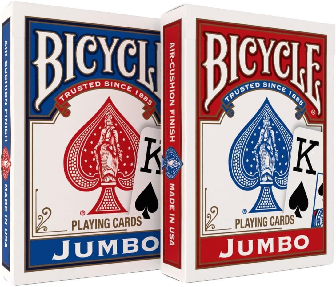 Shows the core product clearly—two decks of Bicycle Jumbo playing cards in their retail packaging, allowing shoppers to see exactly what they will receive. Displays the two color variations…