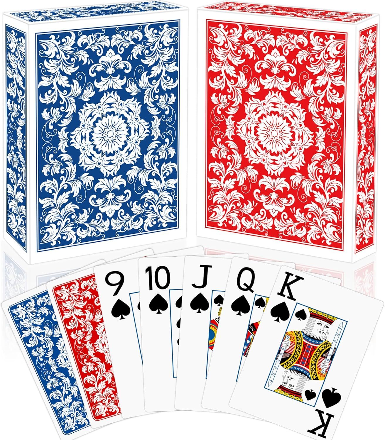 Shows the core product - two decks of ornate playing cards in blue and red with matching decorative boxes, along with sample cards displaying a royal flush to demonstrate card quality and design.…