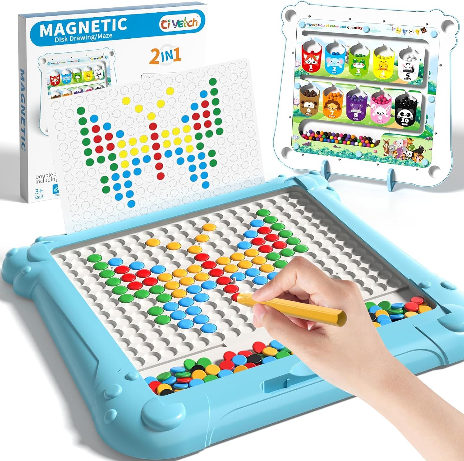 Shows the core product—a magnetic drawing/maze board—in use to demonstrate its interactive play features and reassure parents of its educational and entertainment value. Demonstrates a child…