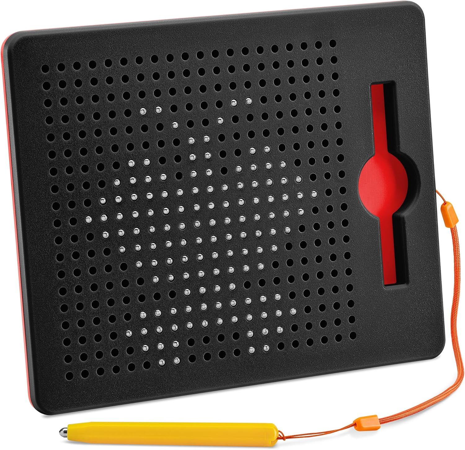 Shows the core product—a magnetic drawing board with metal pins and included stylus—to communicate what the buyer will receive and how it functions as a creative drawing tool.