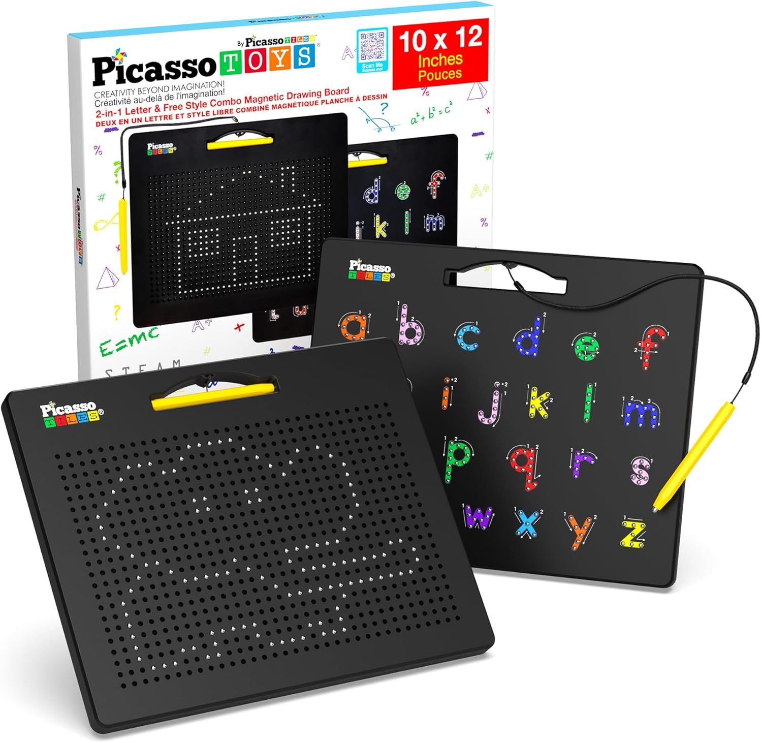 Shows the complete product set including two magnetic drawing boards with colorful letter magnets and stylus pens, demonstrating what the buyer receives in the package. Displays the retail packaging…