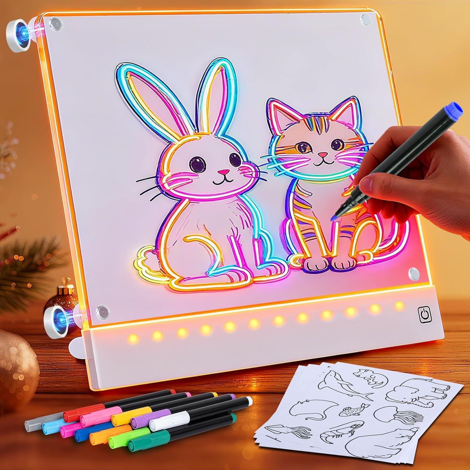 Demonstrates the product actively in use with illuminated LED lights showing how the drawing board functions as a backlit tracing and coloring tool for children. Shows the complete set of included…