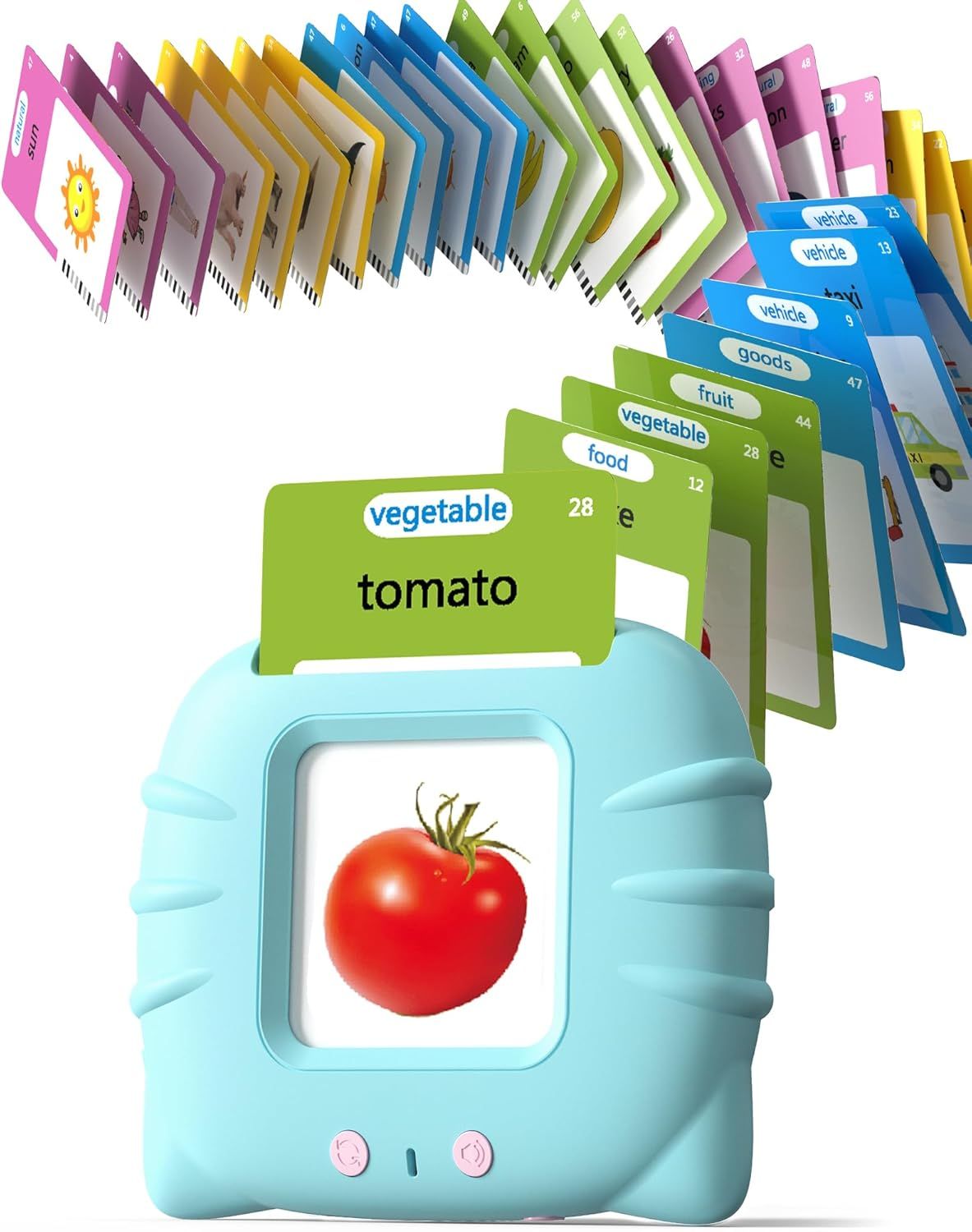 Shows the complete educational toy system with the electronic reader device and extensive flashcard collection, demonstrating the comprehensive learning tool parents are purchasing for vocabulary…