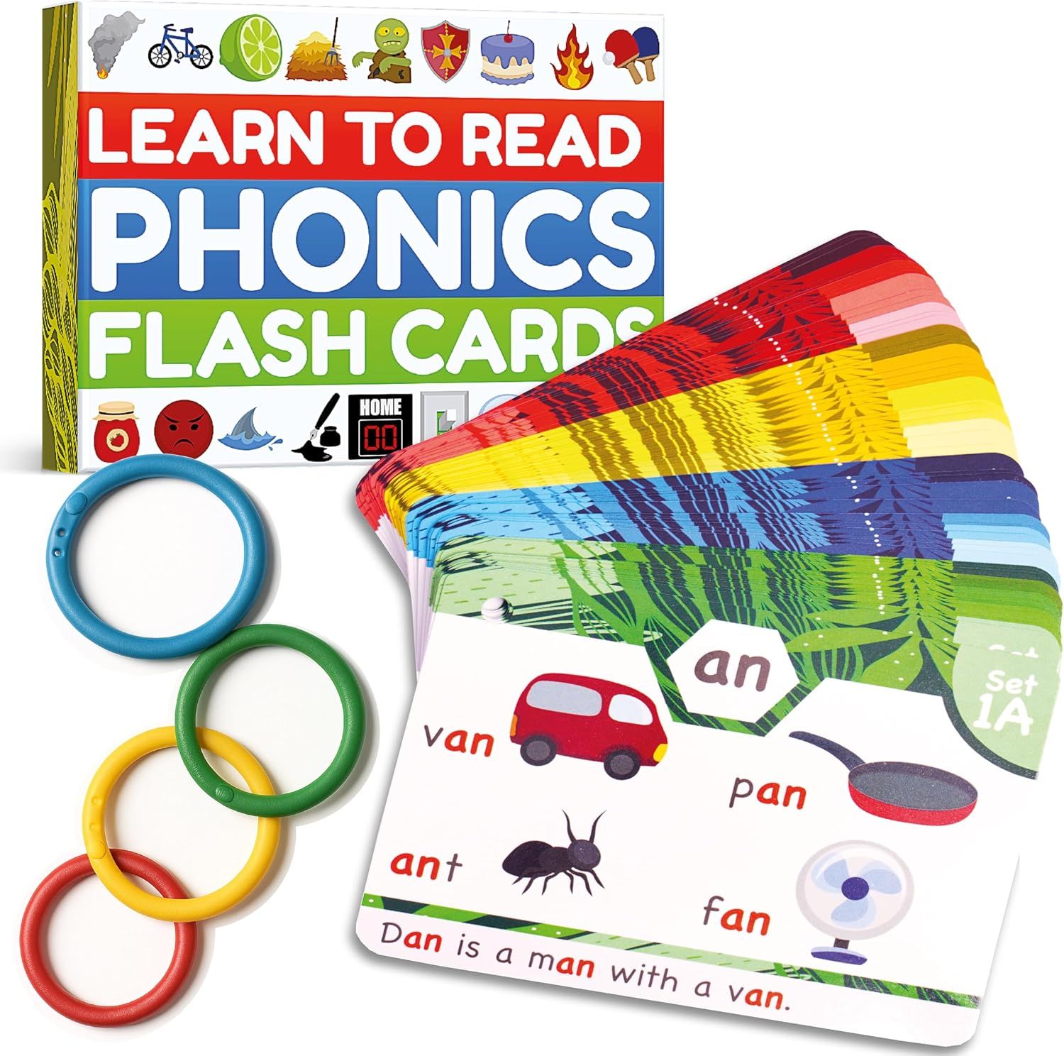 Shows the complete phonics flash cards learning set including the box, colorful flash cards, and organizing rings to communicate the comprehensive educational package the buyer will receive.…