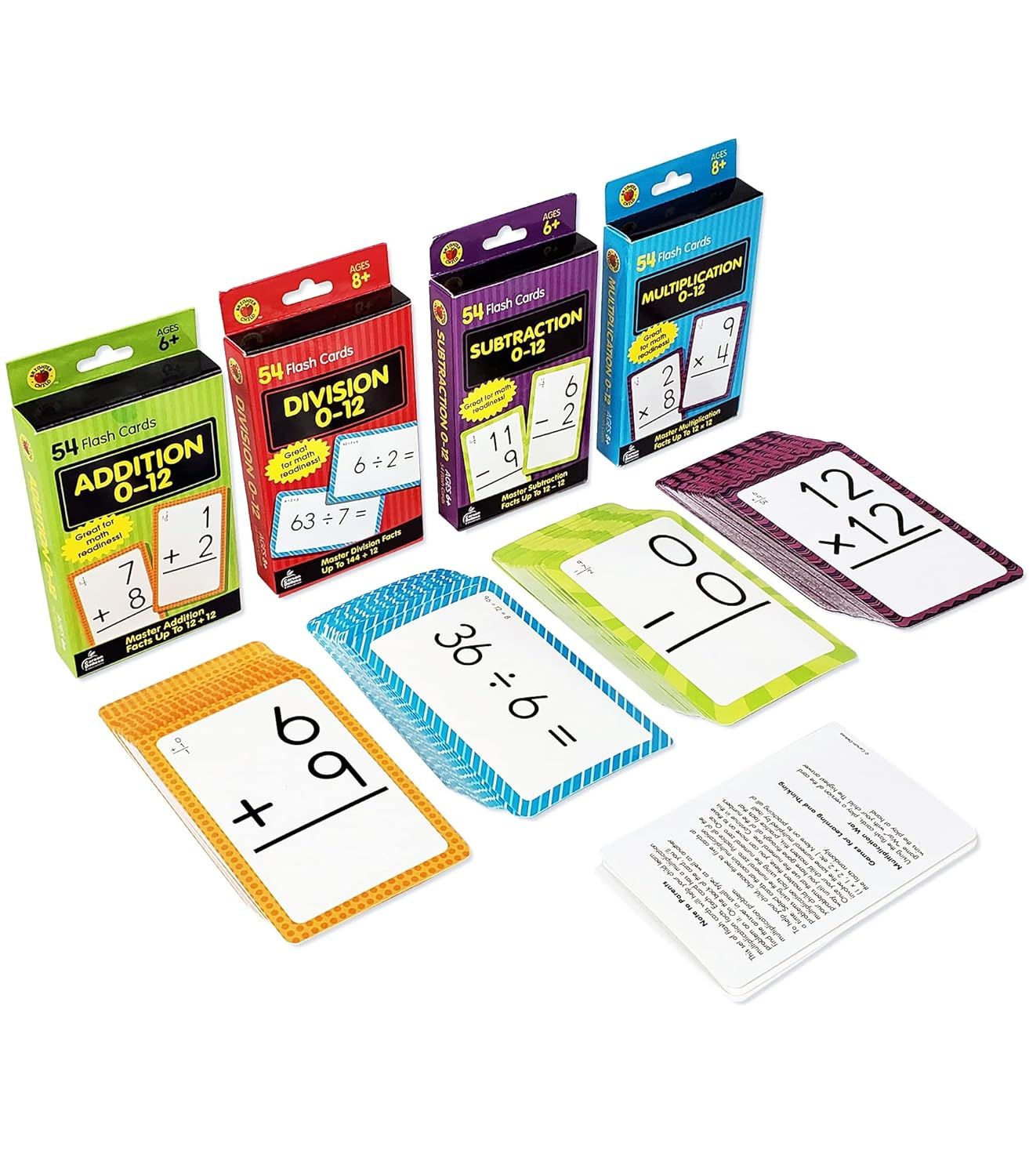 Displays the complete set of four math flash card boxes (Addition, Division, Subtraction, Multiplication) with sample cards to show parents and educators the comprehensive learning system included…