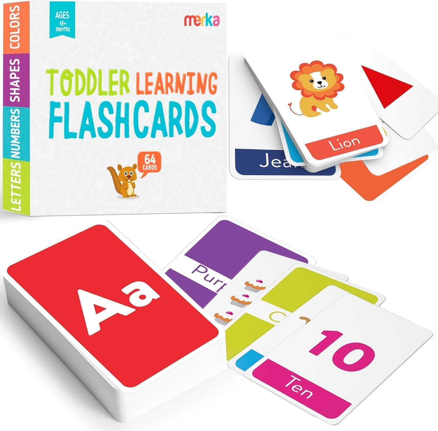 Shows the toddler learning flashcards product with its packaging and sample cards displaying letters, numbers, shapes, and colors to communicate the educational value and variety of content included…