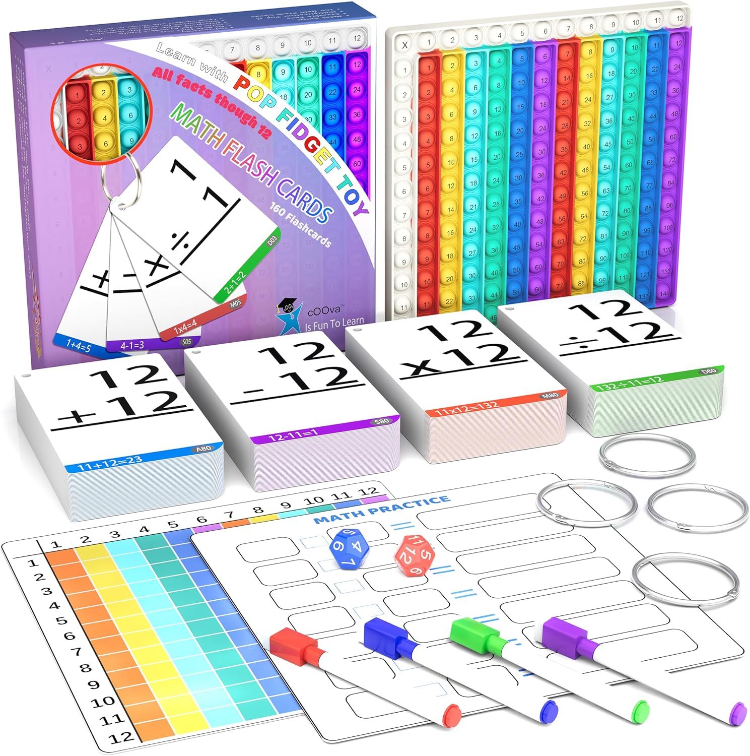 Displays the complete math learning kit including flashcards, pop fidget multiplication board, practice sheets, dice, markers, and rings to show parents and educators all the educational tools…