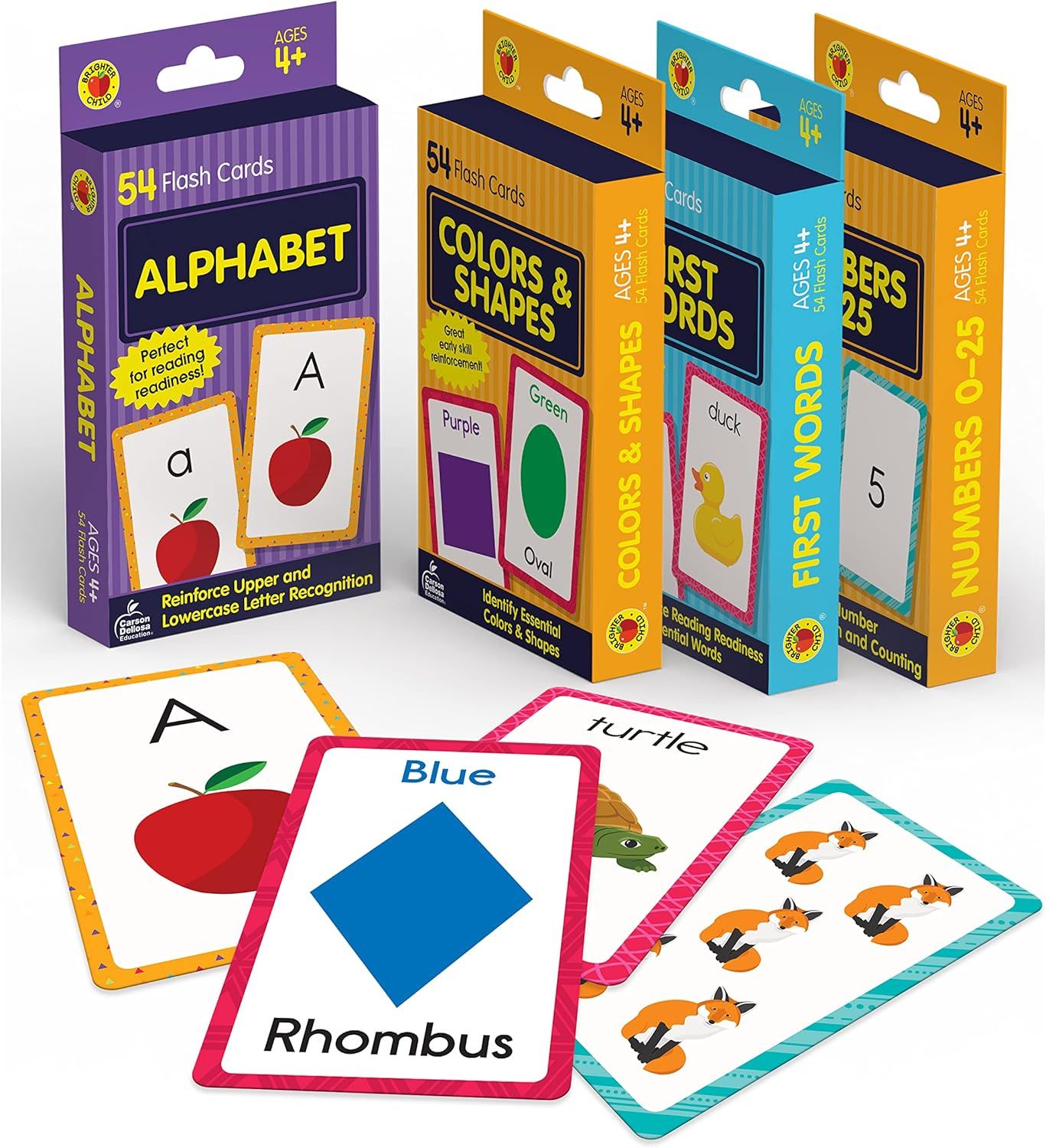 Displays the complete educational flash card product line including multiple sets (Alphabet, Colors & Shapes, First Words, Numbers) with sample cards to show parents and educators what learning…