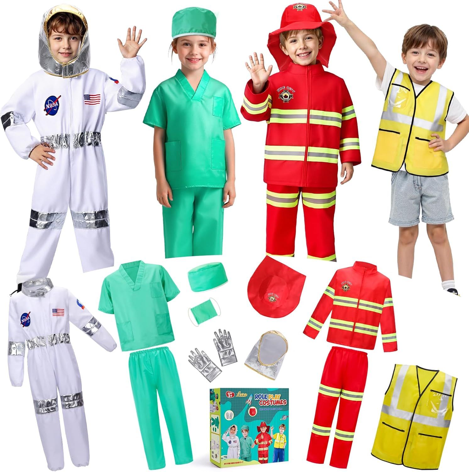 Shows four different career costume options (astronaut, doctor, firefighter, construction worker) to help shoppers understand the variety of role-play choices available in this costume set. Displays…