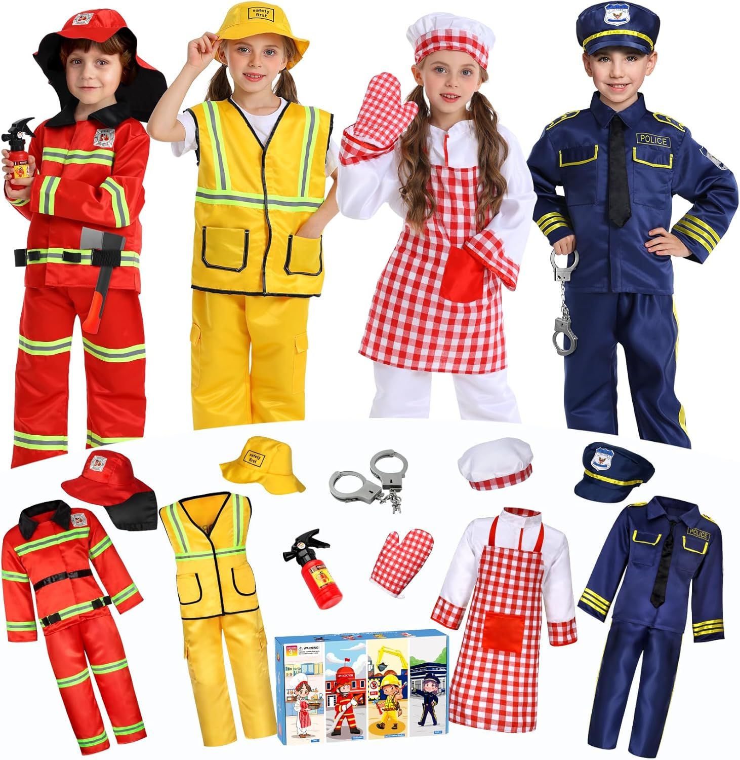 Displays the complete costume sets for children's role-play, showing firefighter, construction worker, chef, and police officer outfits with accessories to help parents understand what's included…