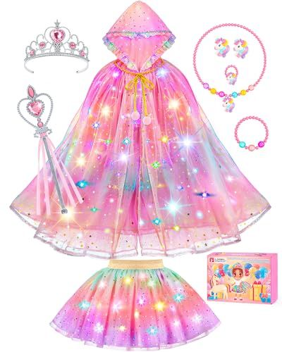 Displays the complete princess dress-up set including a light-up cape, tutu, tiara, wand, and jewelry accessories to show shoppers everything included in the costume package. Shows all the included…
