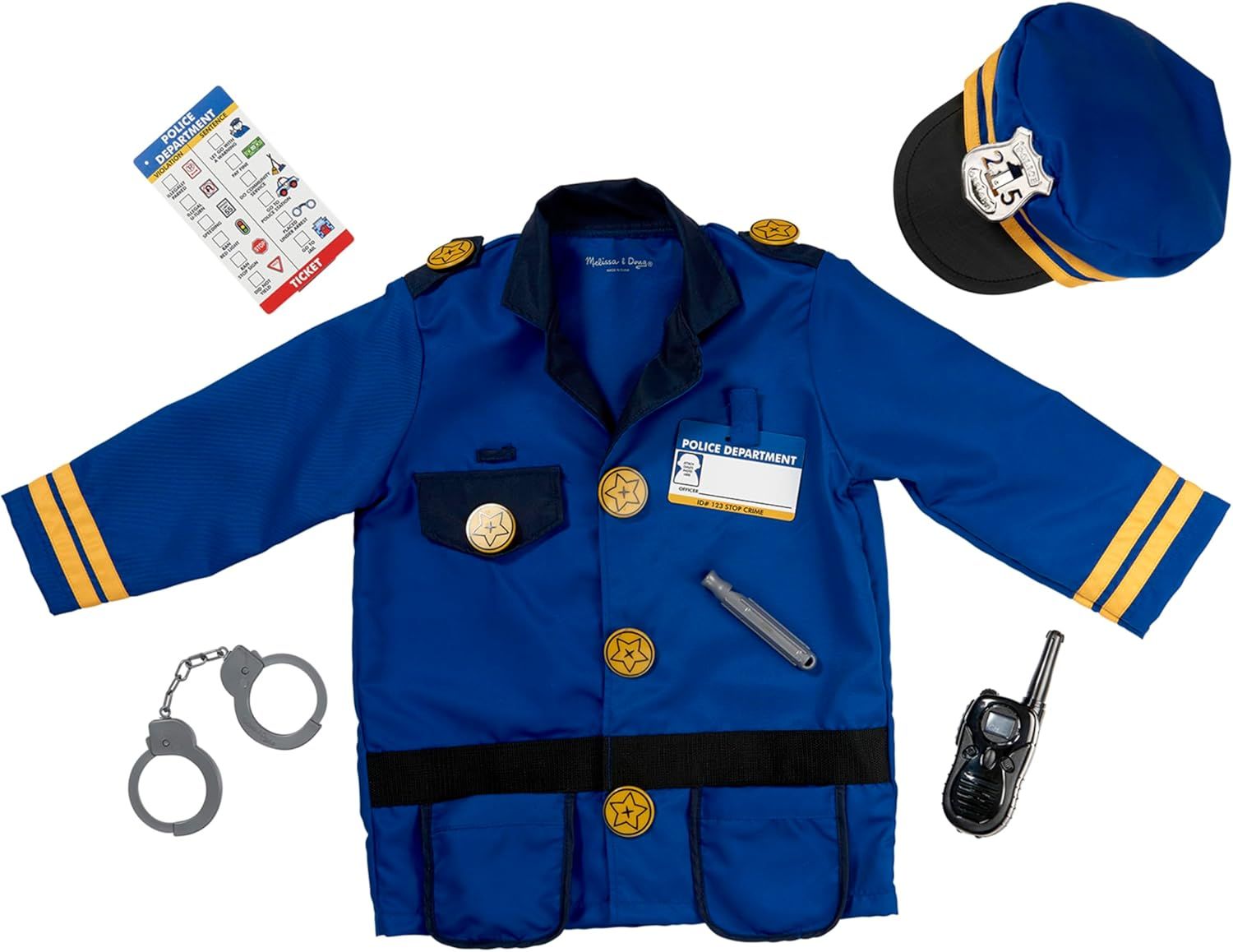 Shows the complete police officer costume set including the uniform, hat, and accessories to communicate what is included in the purchase. Displays all the included accessories such as handcuffs,…