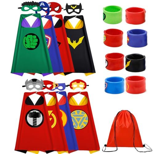 Displays the complete superhero costume set including capes, masks, and wristbands to show shoppers all the items included in the product. Shows all the included accessories and components (capes,…