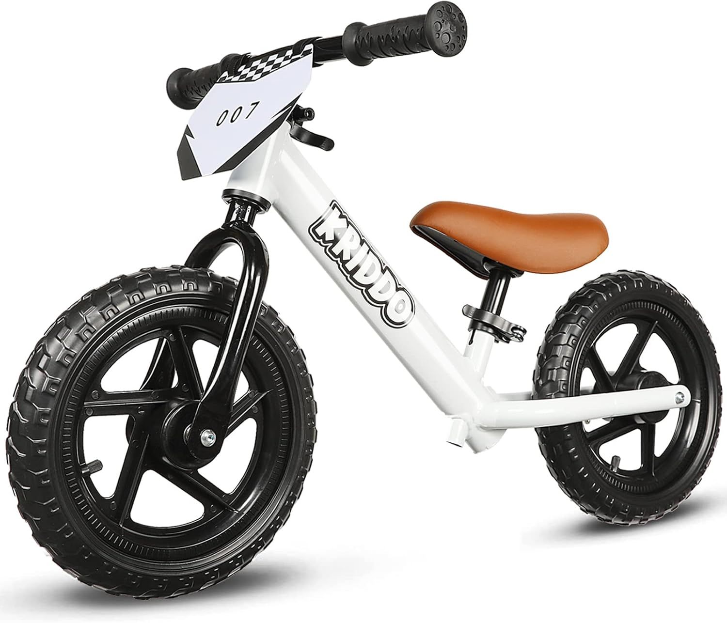 Displays the complete balance bike product with its white frame, brown seat, black wheels, and checkered handlebar detail to show shoppers exactly what they will receive.