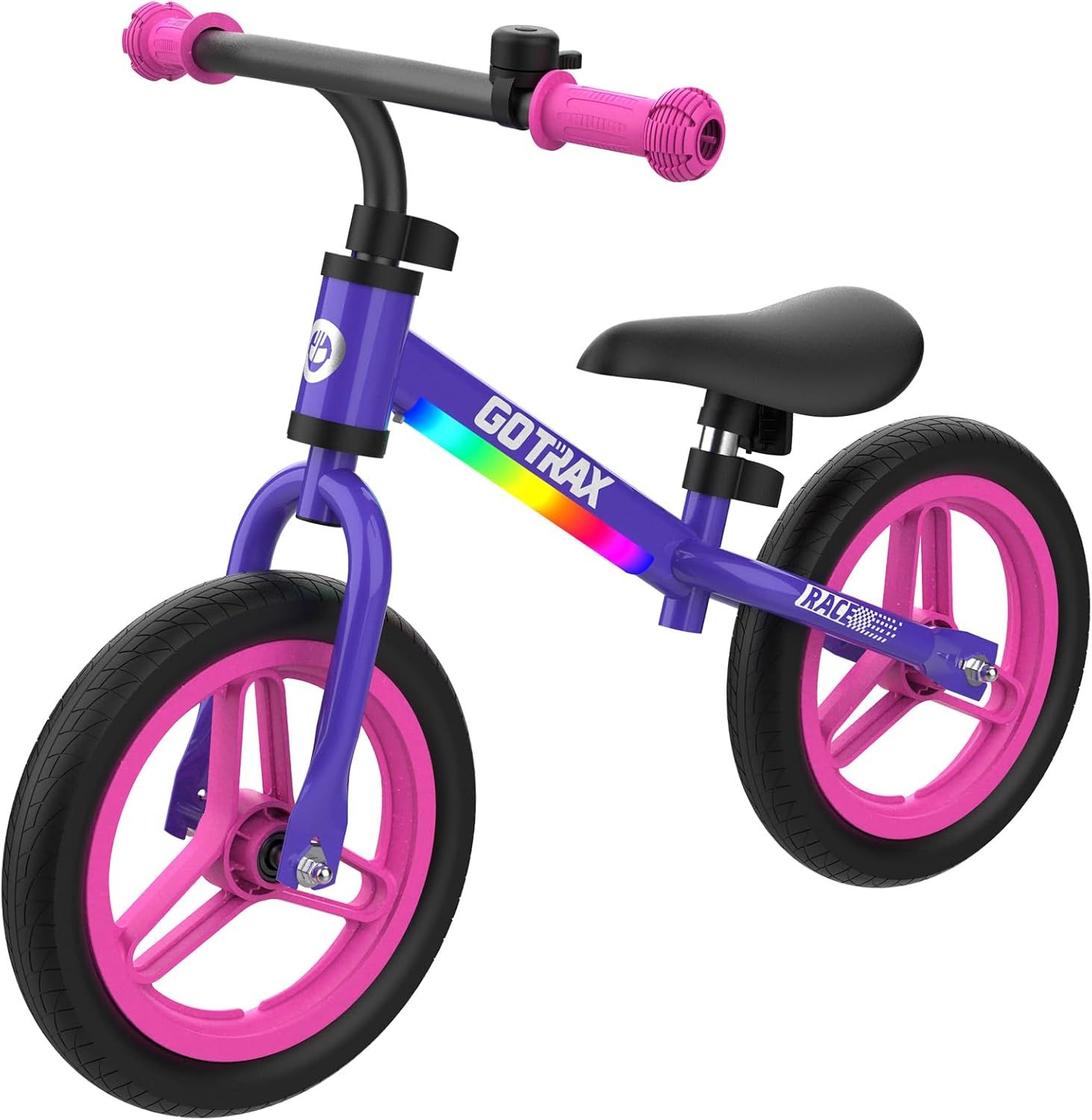 Displays the core product, a children's balance bike with vibrant purple frame and pink accents, clearly showing its design and features to help shoppers understand what they are purchasing.
