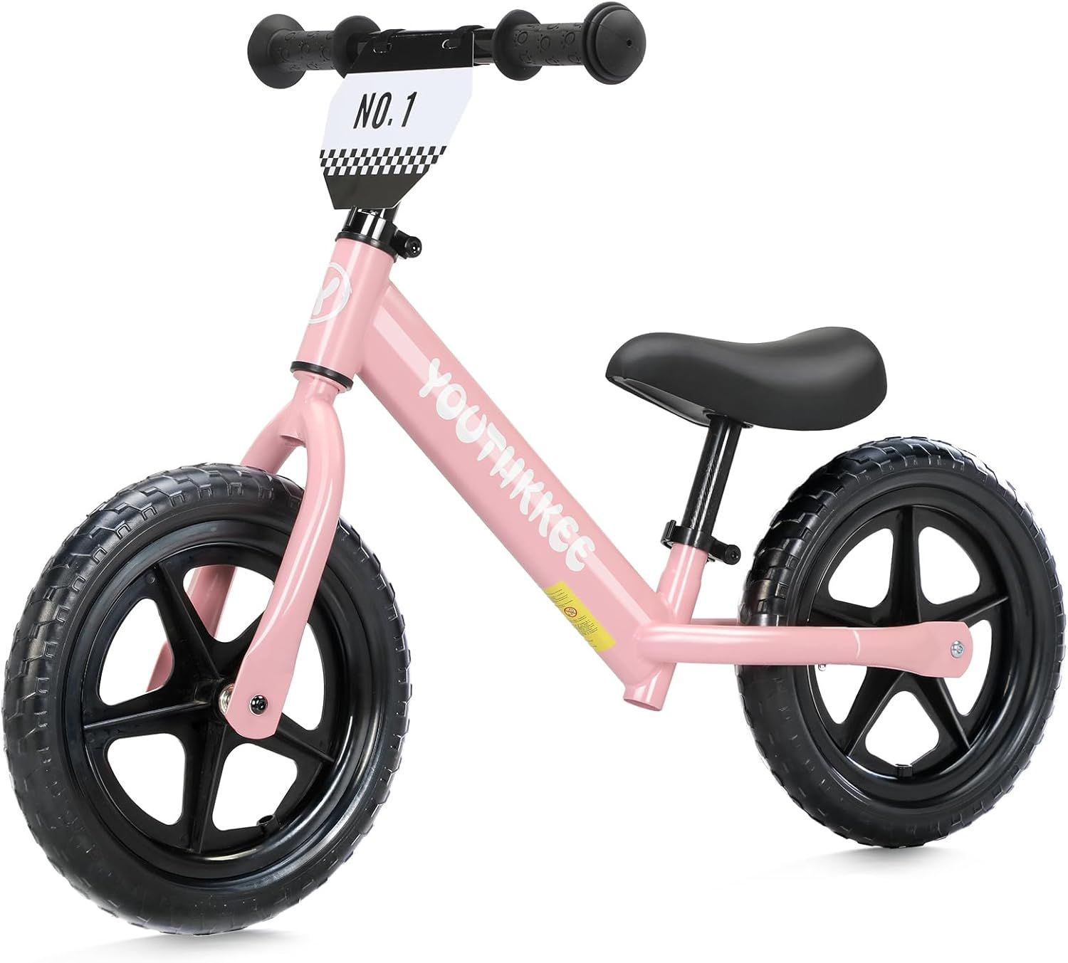 Displays the core product, a pink balance bike for children, clearly showing its design, color, and key features to help shoppers understand what they are purchasing. Shows the branded hang tag…