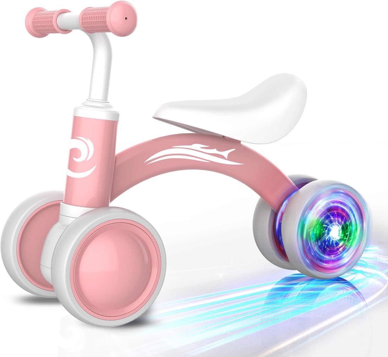 Showcases the toddler balance bike with illuminated LED wheels to highlight the fun, eye-catching feature that appeals to children and parents. Uses a reflective holographic surface beneath the…
