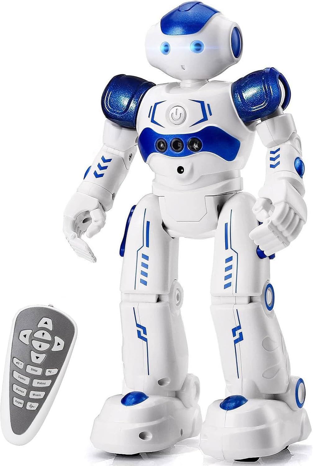 Displays the core product, a white and blue robot toy with its remote control, to show shoppers exactly what they will receive and its design features. Shows the included remote control accessory…