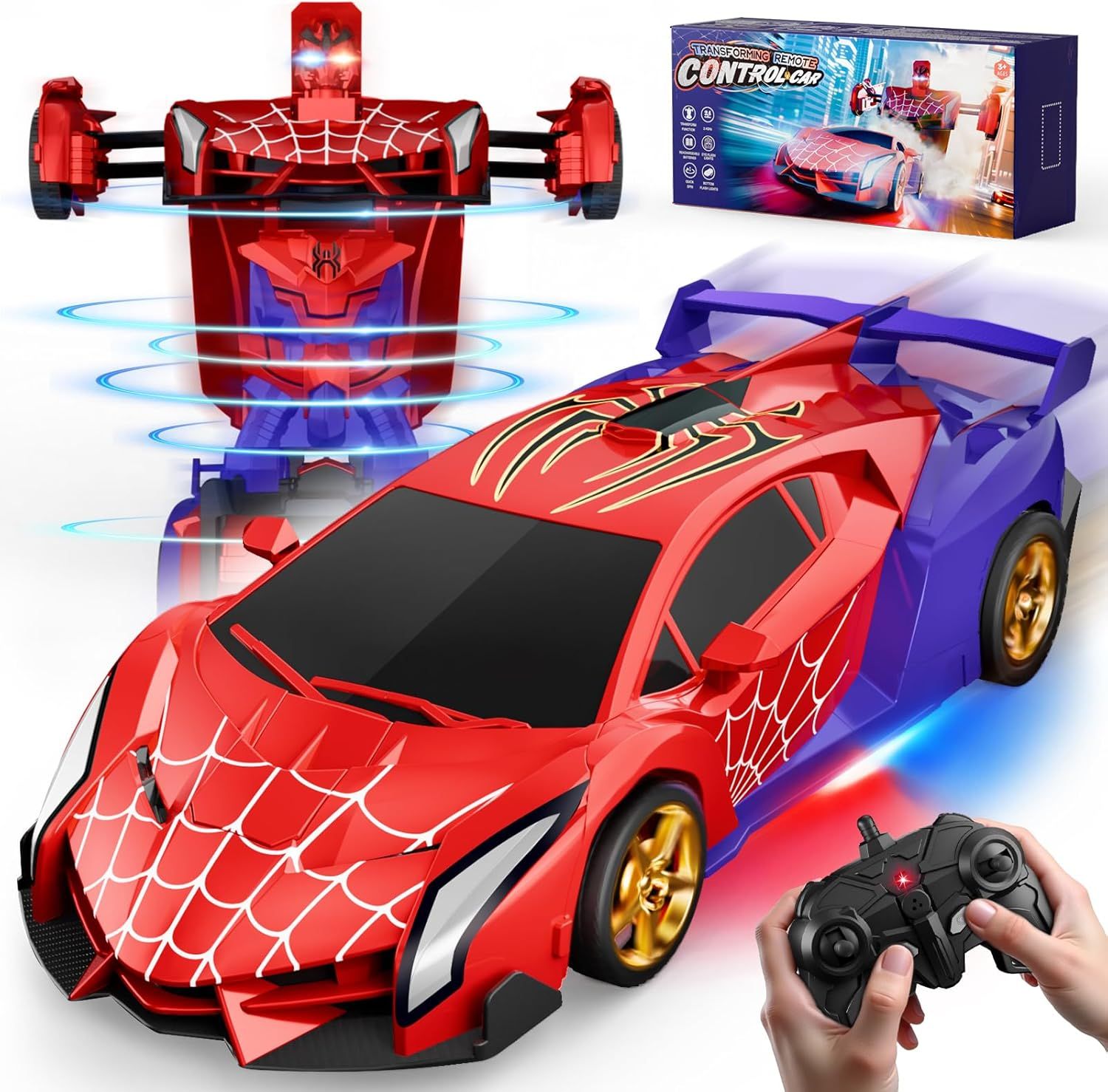 Shows the core product—a remote control car that transforms into a robot—to communicate the dual-mode play feature and spider-themed design that appeals to kids. Uses added visual effects like…