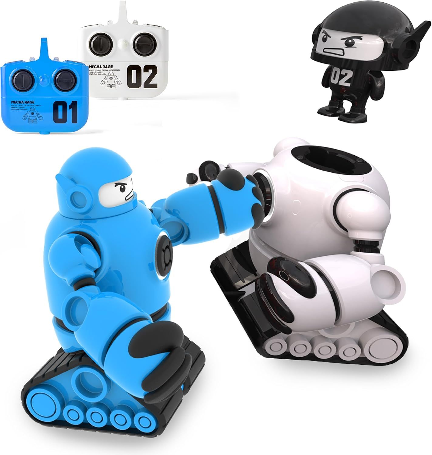 Shows the core sellable product—remote-controlled robot toys available in multiple color variants (blue, white, black)—to communicate what the shopper will receive. Displays multiple selectable…