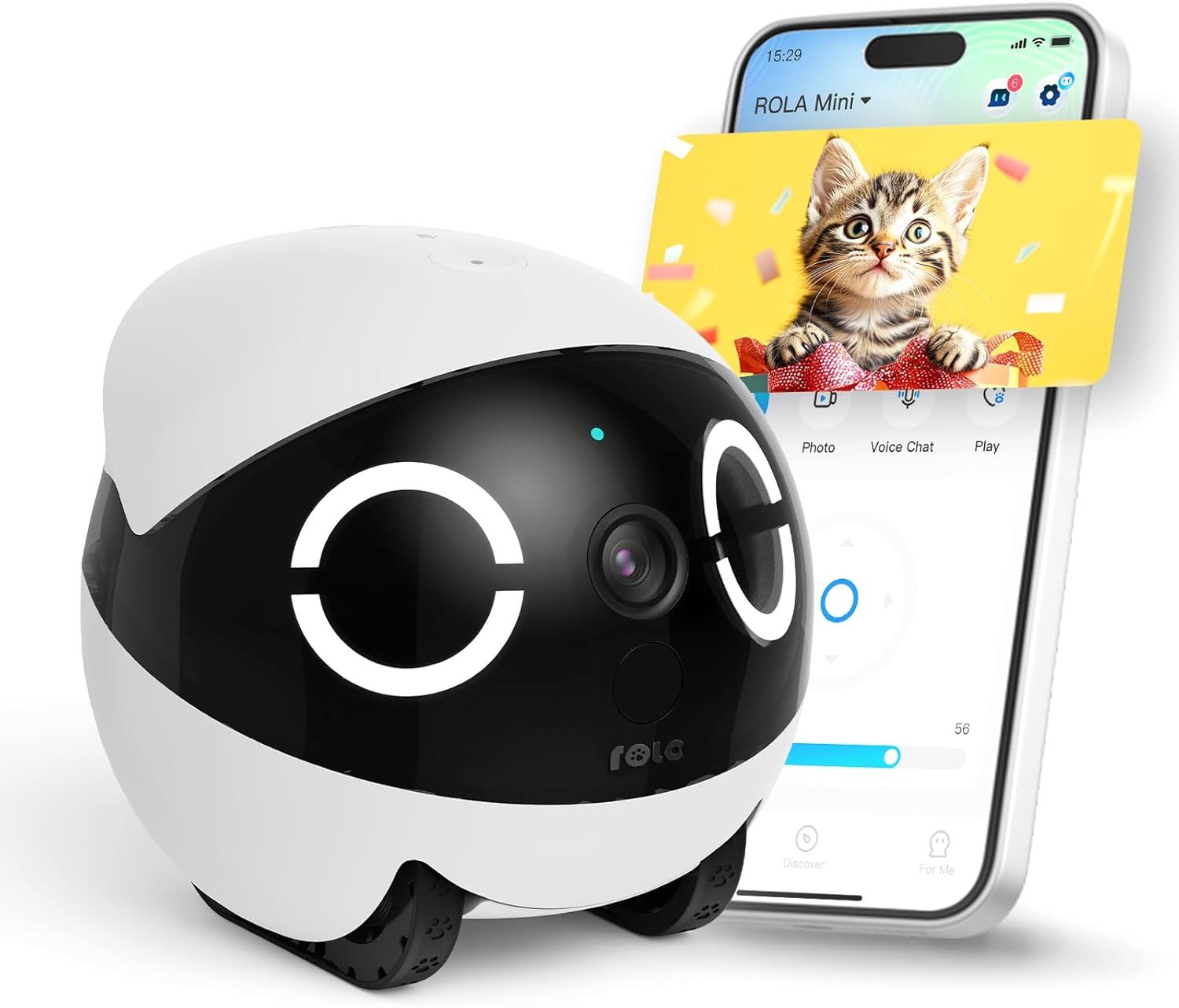 Shows the core product, a pet monitoring camera with smartphone connectivity, demonstrating its design and app interface to communicate its functionality for pet owners. Demonstrates the camera's…