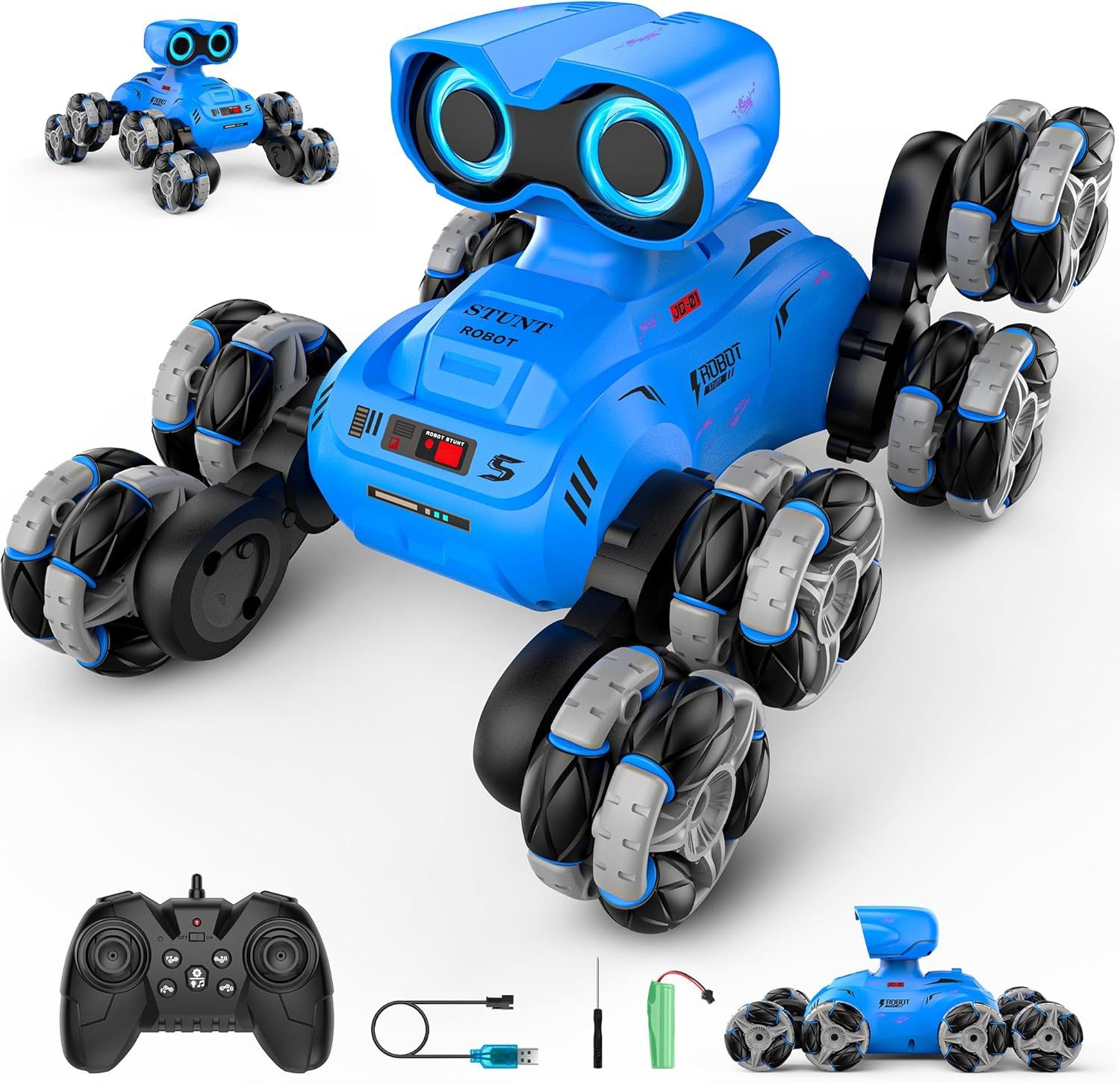 Displays the core product, a blue stunt robot toy with distinctive multi-wheel design and expressive eyes, to show shoppers exactly what they will receive. Shows all included accessories and…