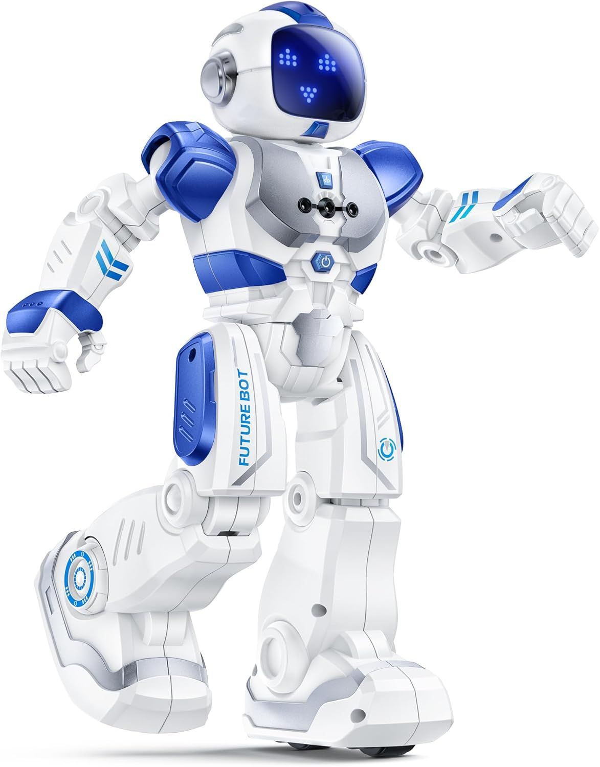Showcases the robot toy's design, features, and build quality to communicate its appeal as an interactive, tech-forward toy with expressive LED face and poseable joints.