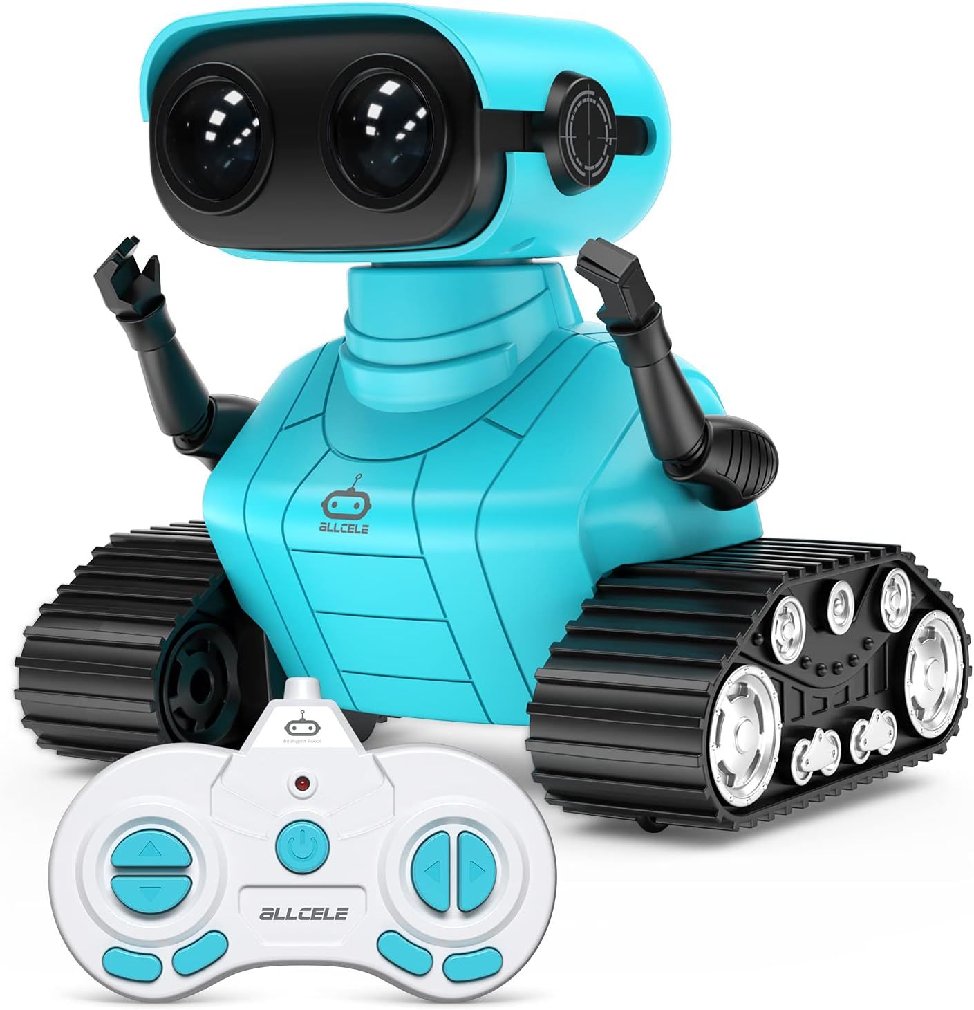 Displays the core sellable product—a turquoise robot toy with tank treads and its included remote control—clearly showing what the buyer will receive. Shows that the purchase includes both the robot…