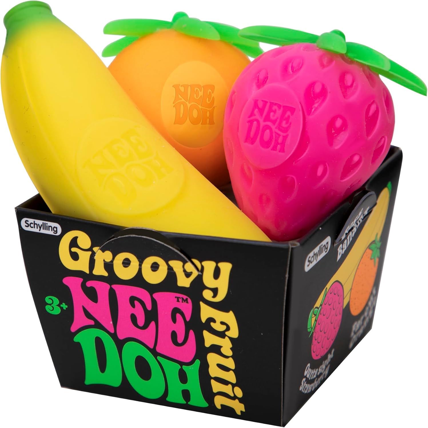Shows the core product—a set of colorful fruit-shaped stress relief toys (banana, carrot, strawberry)—to communicate what the shopper will receive. Displays the retail packaging with the Groovy Nee…