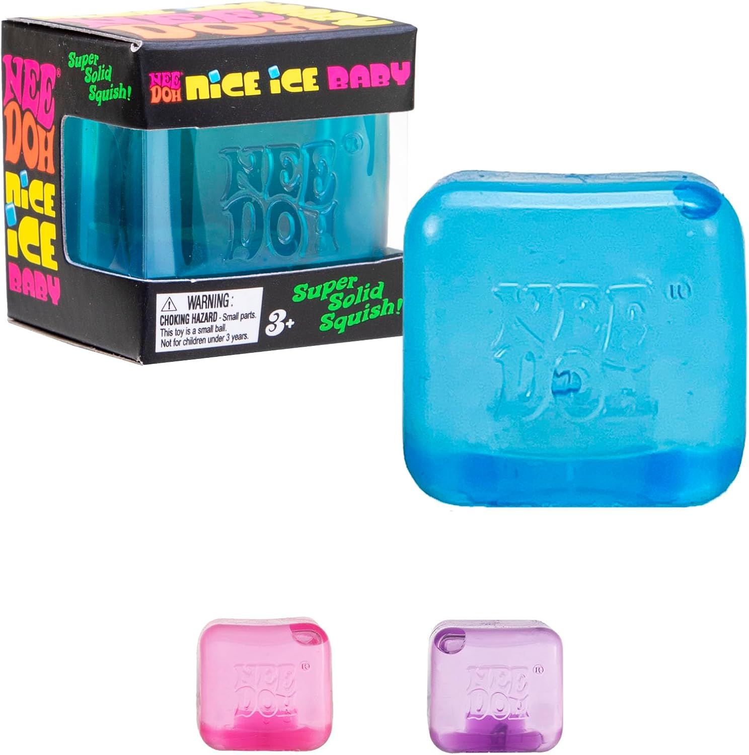 Shows the core product, a translucent blue squishy toy with Nee Doh branding, to communicate what the shopper will receive. Displays the retail packaging with colorful branding and product…