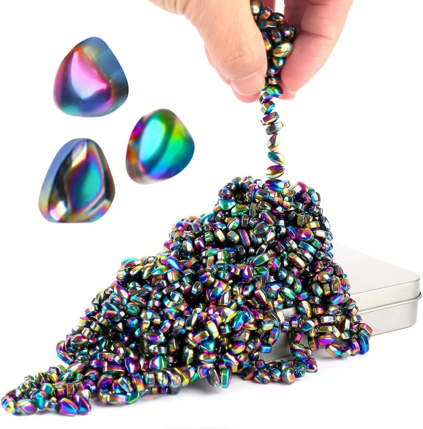 Showcases the product's vibrant iridescent rainbow coating and the variety of bead shapes included, communicating visual appeal and creative possibilities for crafts or stress relief. Demonstrates…