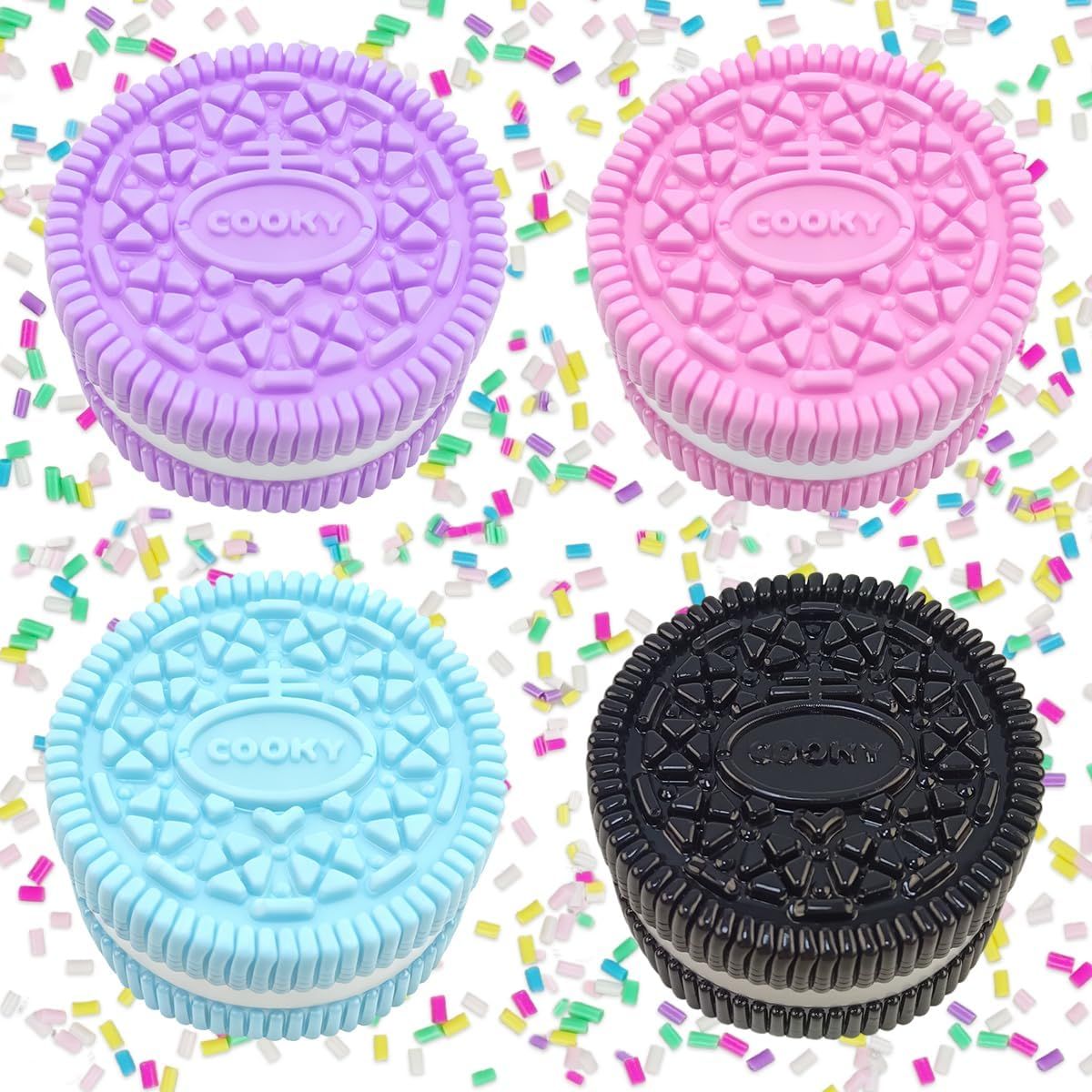 Displays the core product in four distinct colors to show the variety and playful design of these cookie-shaped items. Shows four selectable color options (purple, pink, blue, black) to help…