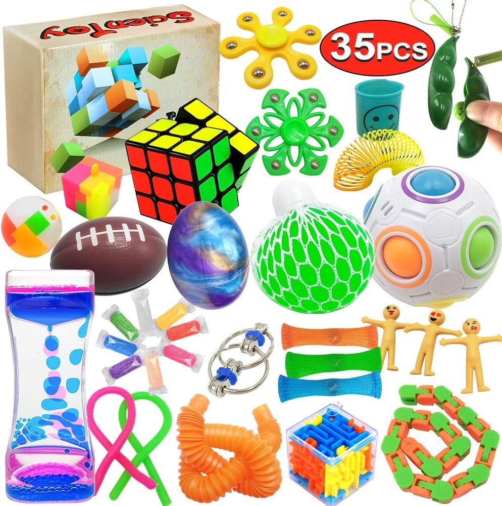 Displays the complete collection of 35 fidget toys and sensory items included in the set, showing shoppers the variety and quantity they will receive. The red 35PCS badge overlay emphasizes the…