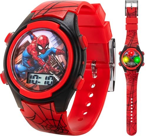 Displays the core sellable product clearly showing the watch design, Spider-Man character artwork on the face, and the red band with web pattern to communicate the product's appearance and theme to…