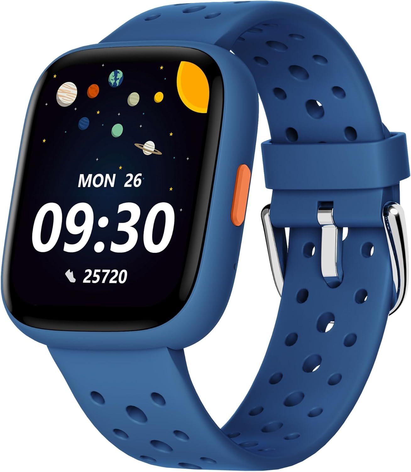 Shows the core product—a kids smartwatch with a playful space-themed interface—to communicate its design, display quality, and fitness tracking capability (step counter visible).