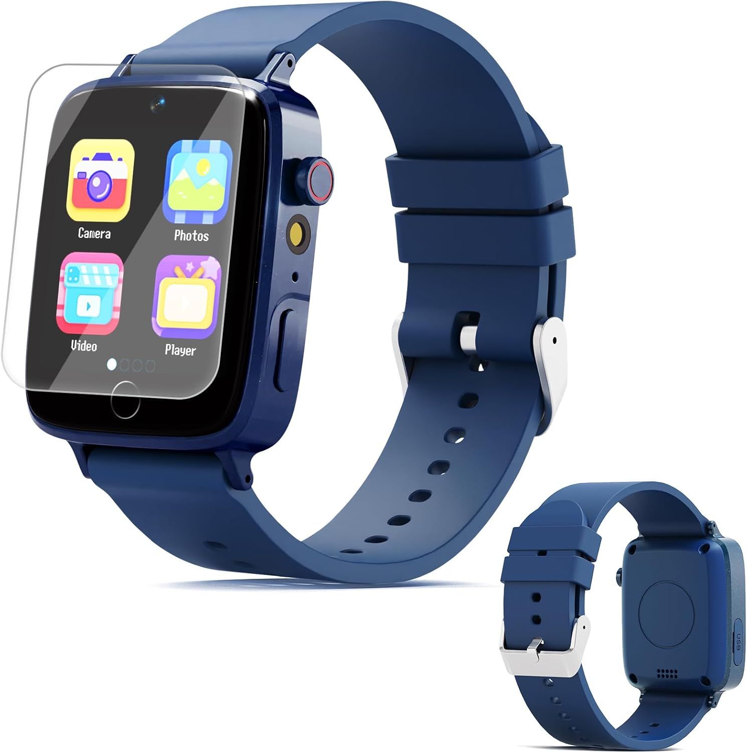 Shows the core product—a kids' smartwatch—from multiple angles to communicate its design, color, interface features, and adjustable band, helping shoppers understand what they will receive.…