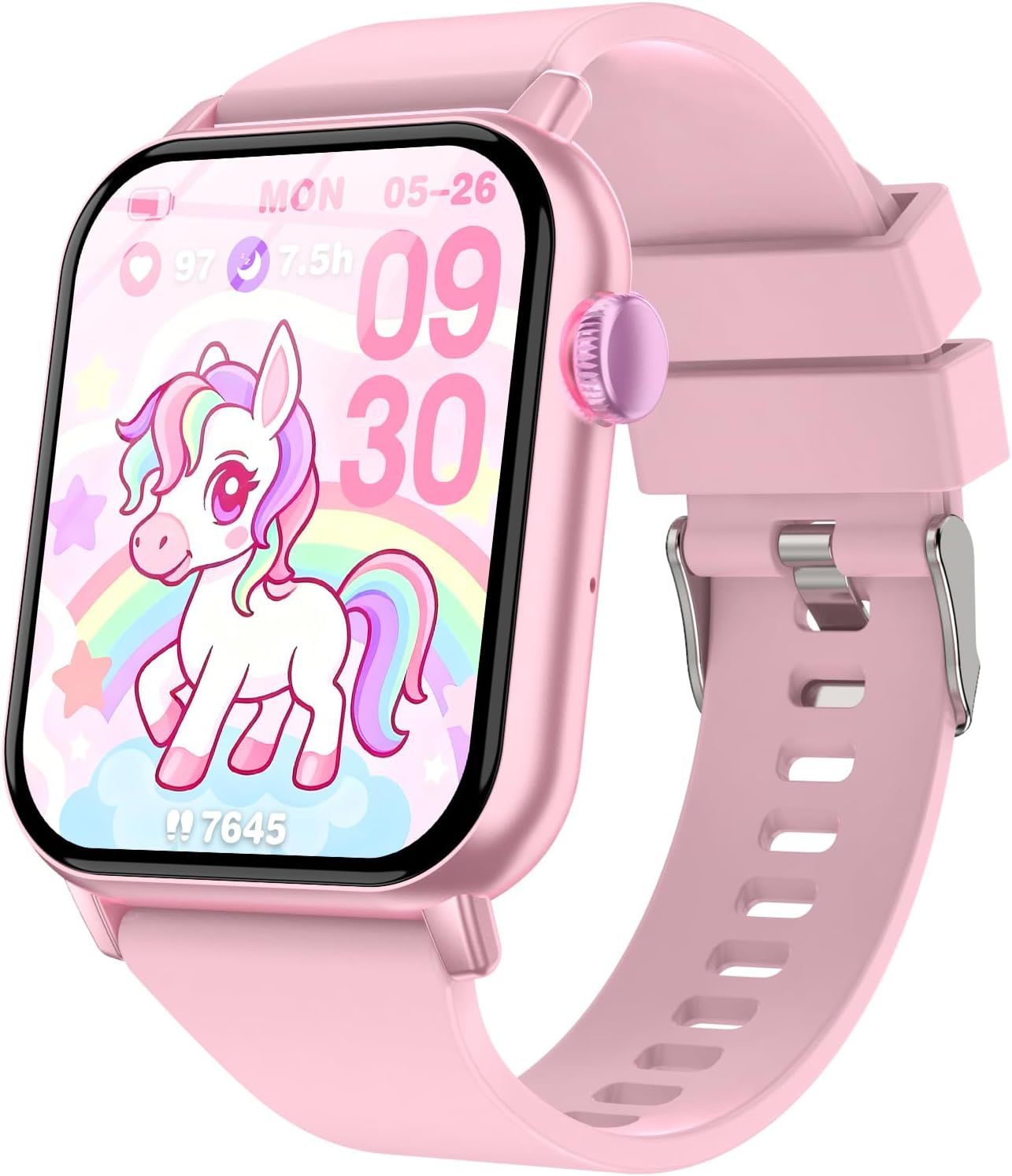 Shows the core product—a pink smartwatch designed for children—with a colorful unicorn-themed display to communicate its kid-friendly appeal and functionality.