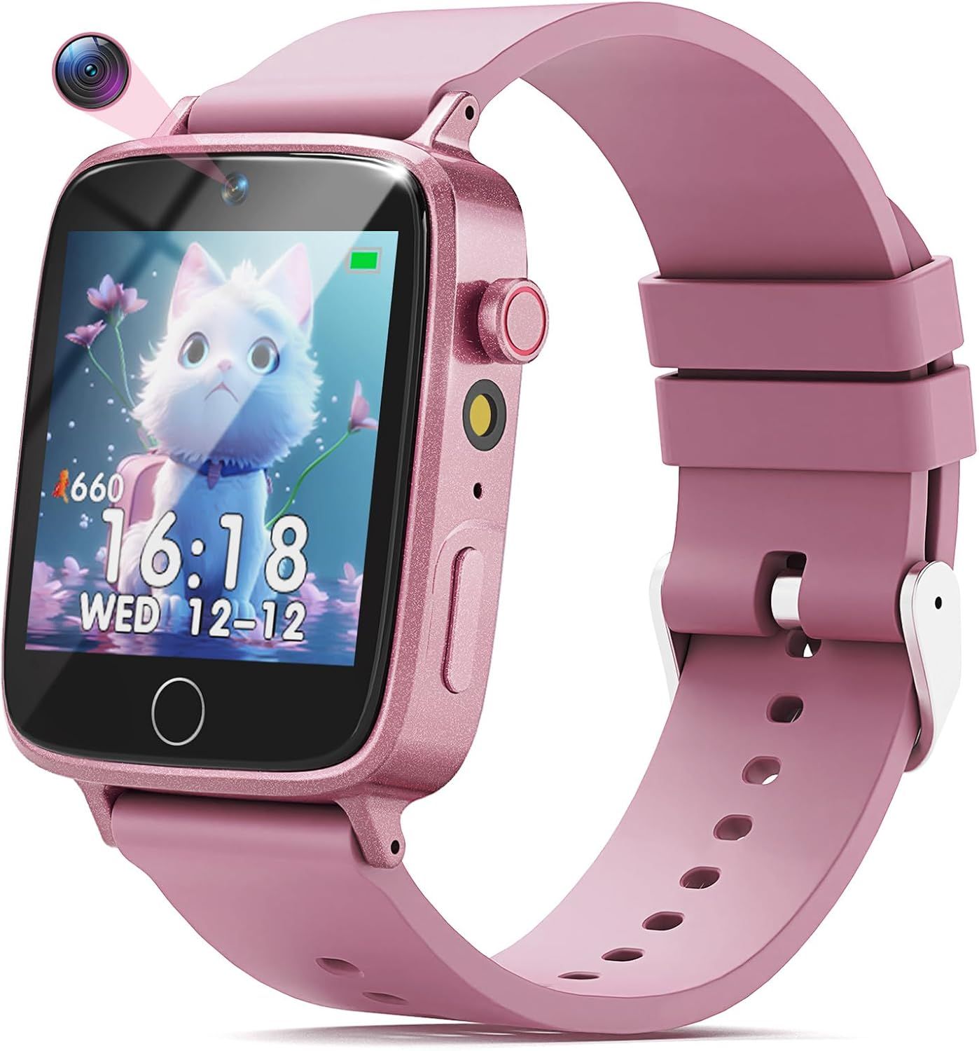 Displays the core product—a pink kids smartwatch with camera and touchscreen—clearly showing its design, color, and key features to help shoppers understand what they are purchasing. Uses a subtle…