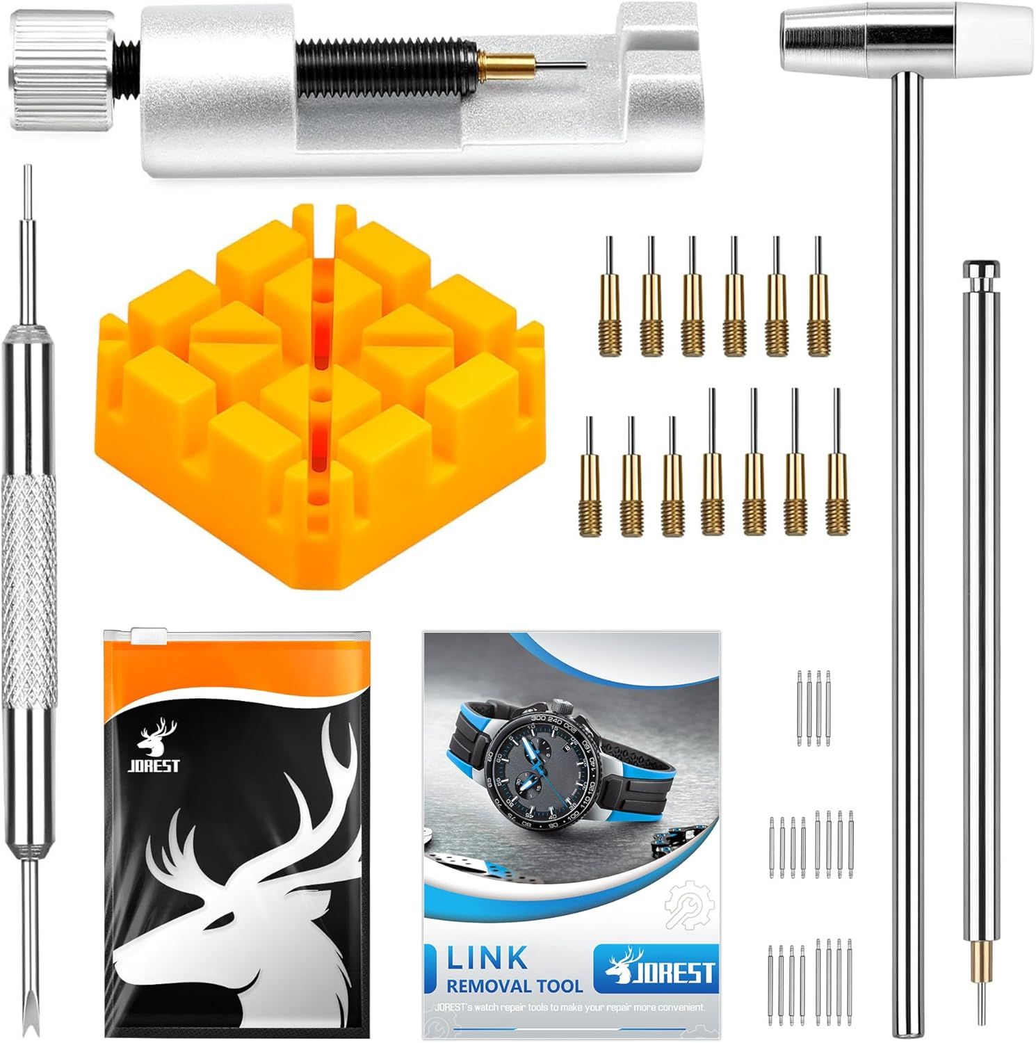 Shows the complete watch repair tool kit with all included components to communicate the comprehensive nature of the product and what the buyer will receive. Displays all the included accessories…