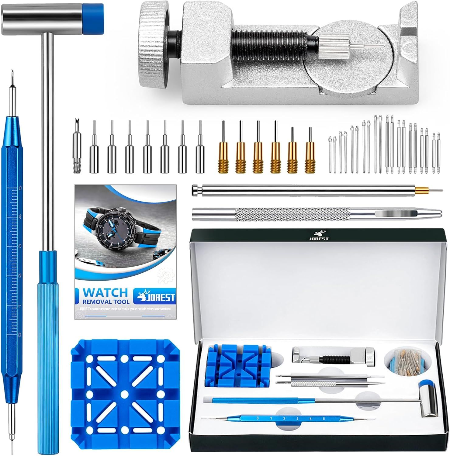 Displays the comprehensive watch repair tool kit with all included components to show shoppers exactly what they will receive and the variety of tools available for watch maintenance and repair.…