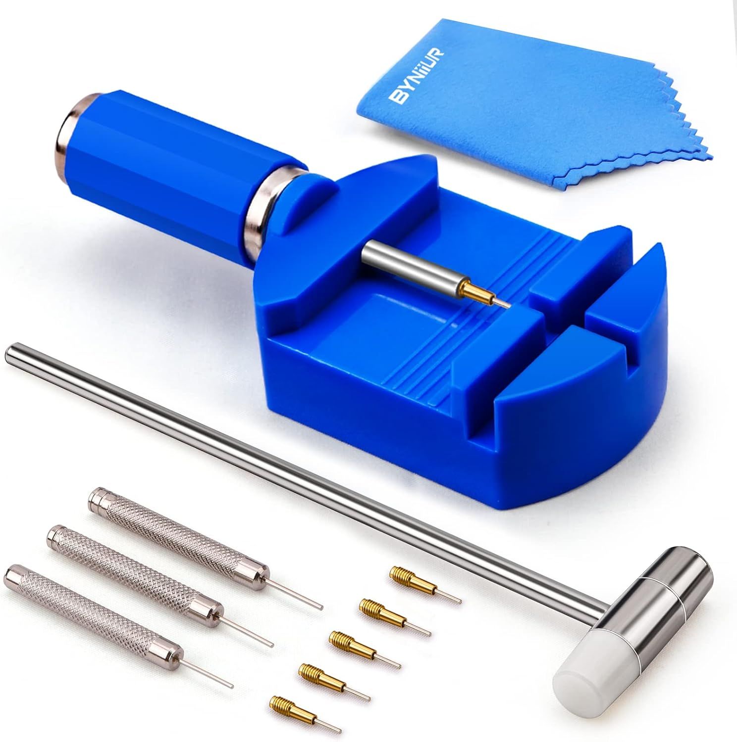 Shows the complete watch repair tool kit with all included components clearly visible to communicate what the buyer receives. Displays all the included accessories and tools that come with the main…
