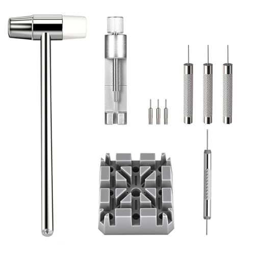 Displays the complete watch repair tool set including hammer, pin removal tools, and holding block to show shoppers exactly what components are included in the kit. Shows all the included…