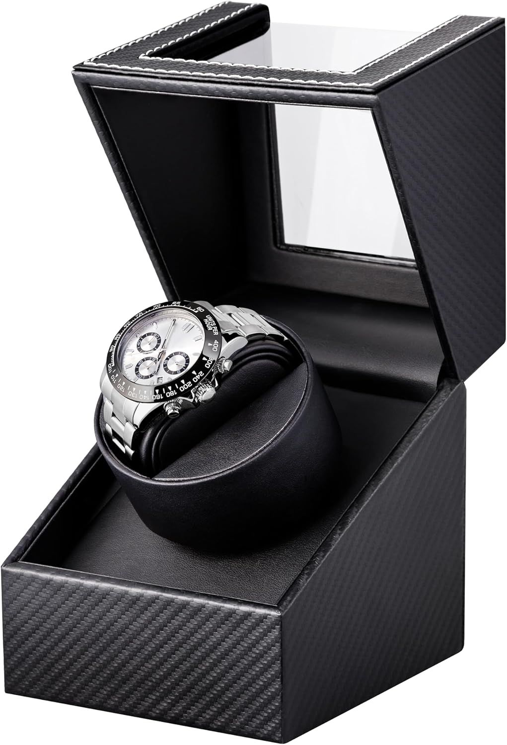 Shows the core product, a luxury watch winder box with an automatic watch, demonstrating its premium construction and functionality as a display and storage solution for high-end timepieces.…