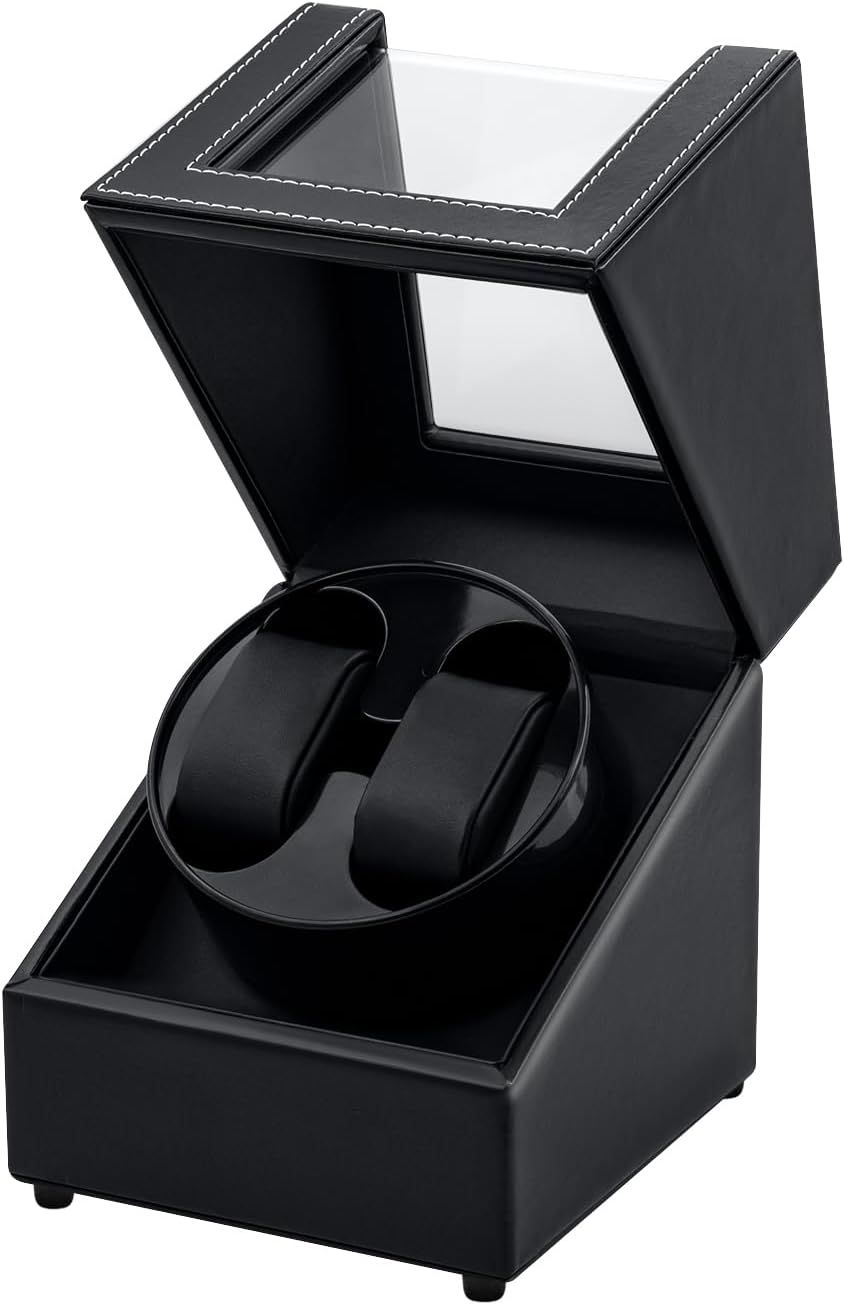 Shows the core product, a watch winder with premium black leather finish and white stitching, to communicate its elegant design and functionality for automatic watch storage. Demonstrates how the…