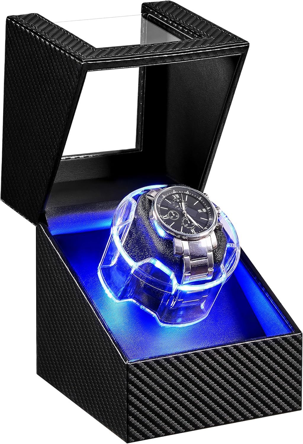 Shows the core product—a luxury watch winder with illuminated display—to communicate its premium design and functional display capabilities for automatic watches. Demonstrates the product's key…