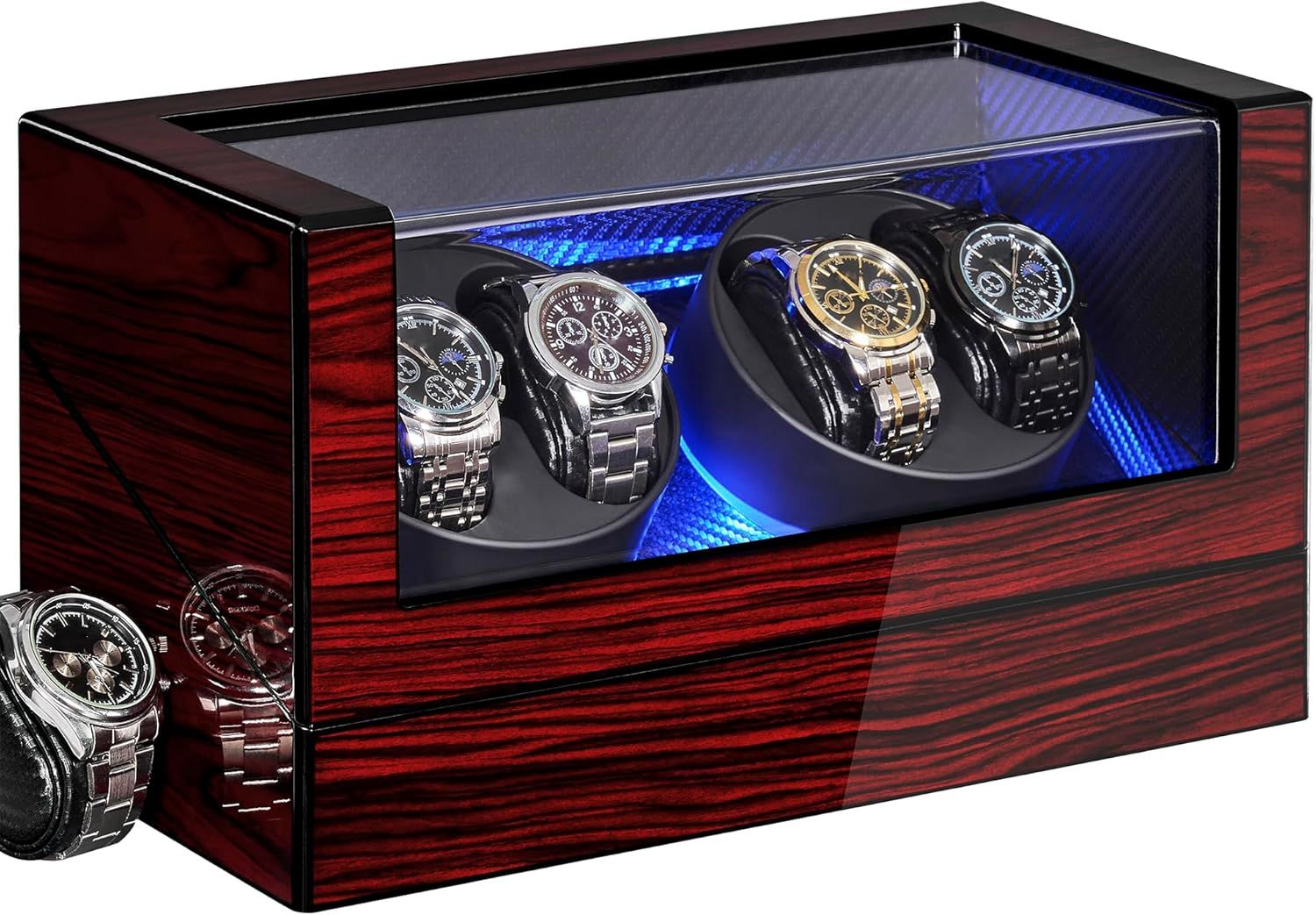Showcases the watch winder box as the core product with its elegant wood finish, transparent viewing window, and illuminated interior to communicate luxury storage and automatic winding…
