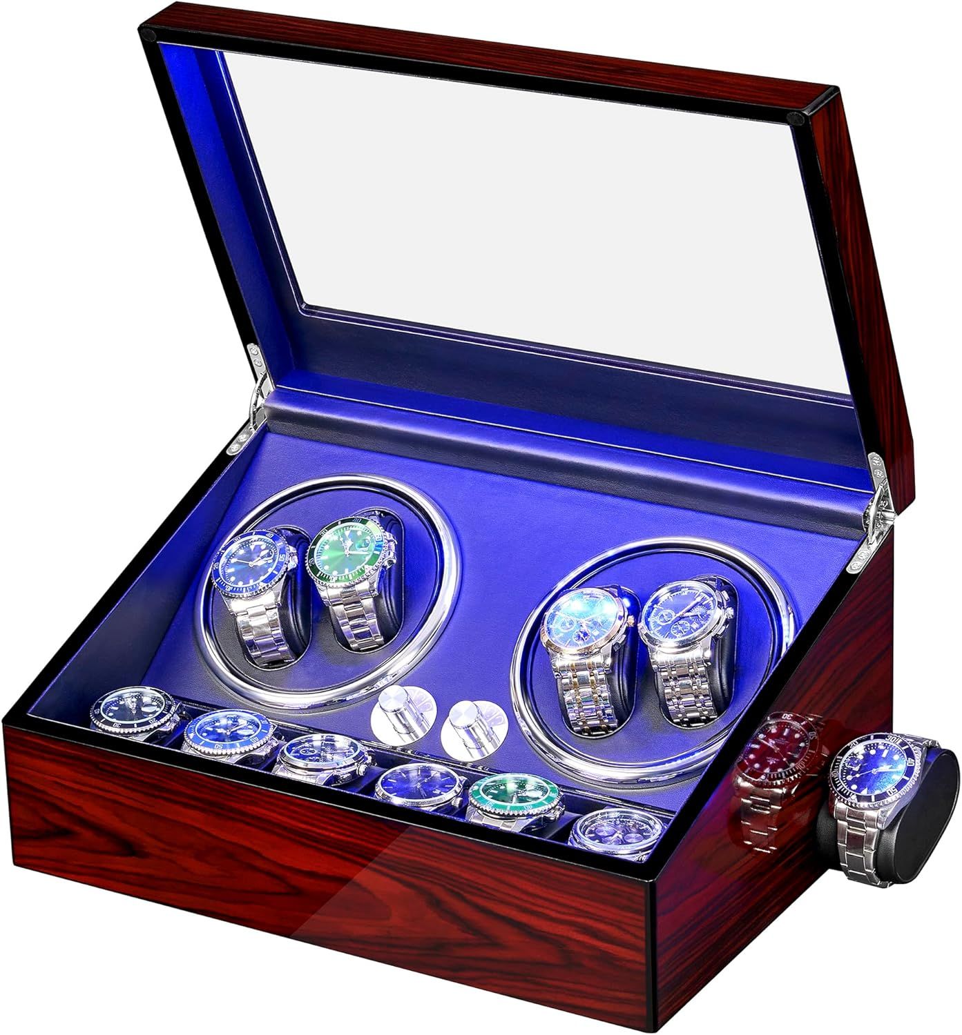 Demonstrates the product's dual functionality as both an automatic watch winder with rotating mechanisms and a display/storage case for multiple watches, showing shoppers how it keeps automatic…