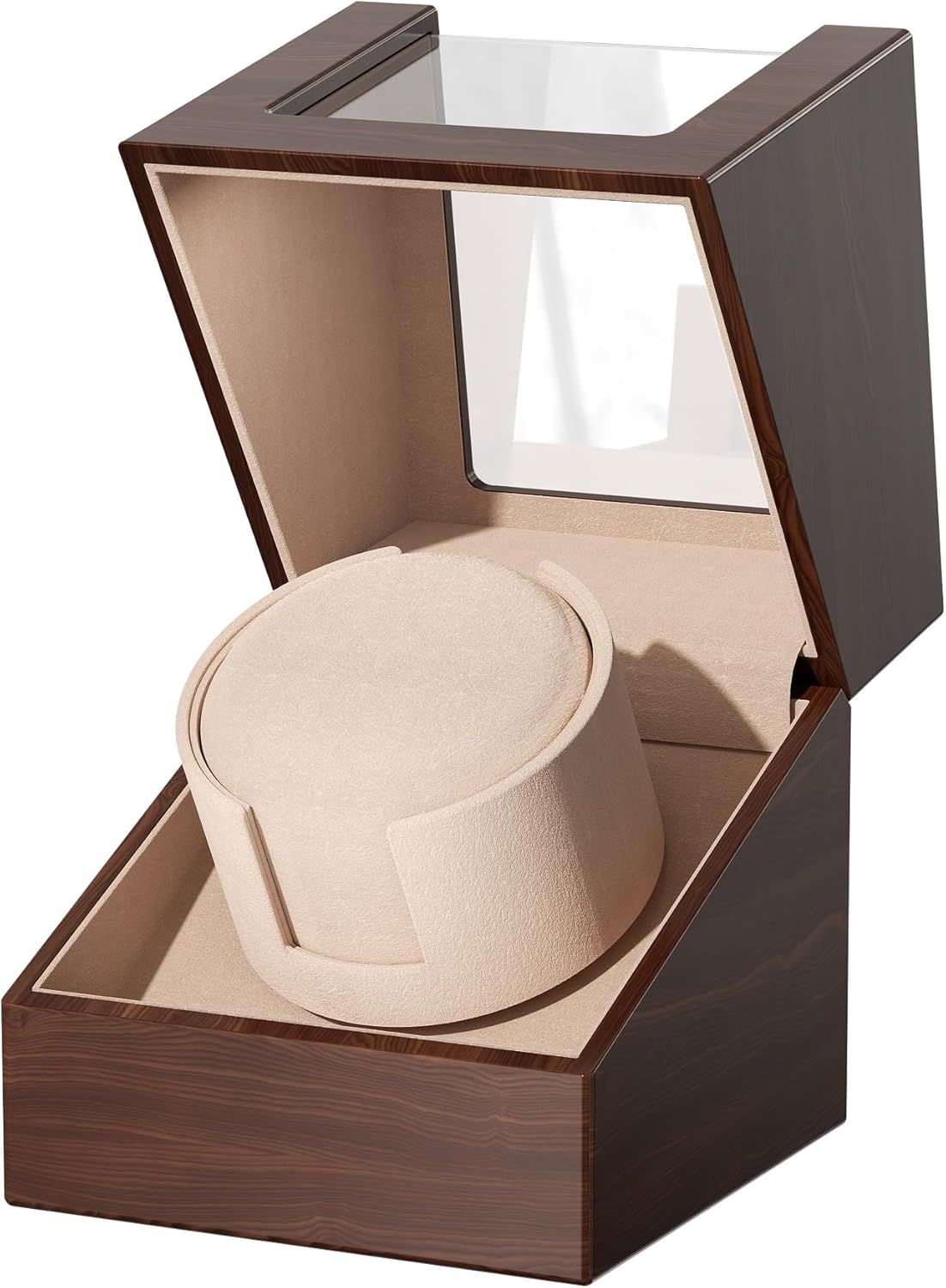 Shows the core product—a luxury watch winder box—with its lid open to display the interior watch holder and premium materials, communicating quality and functionality to shoppers looking for watch…