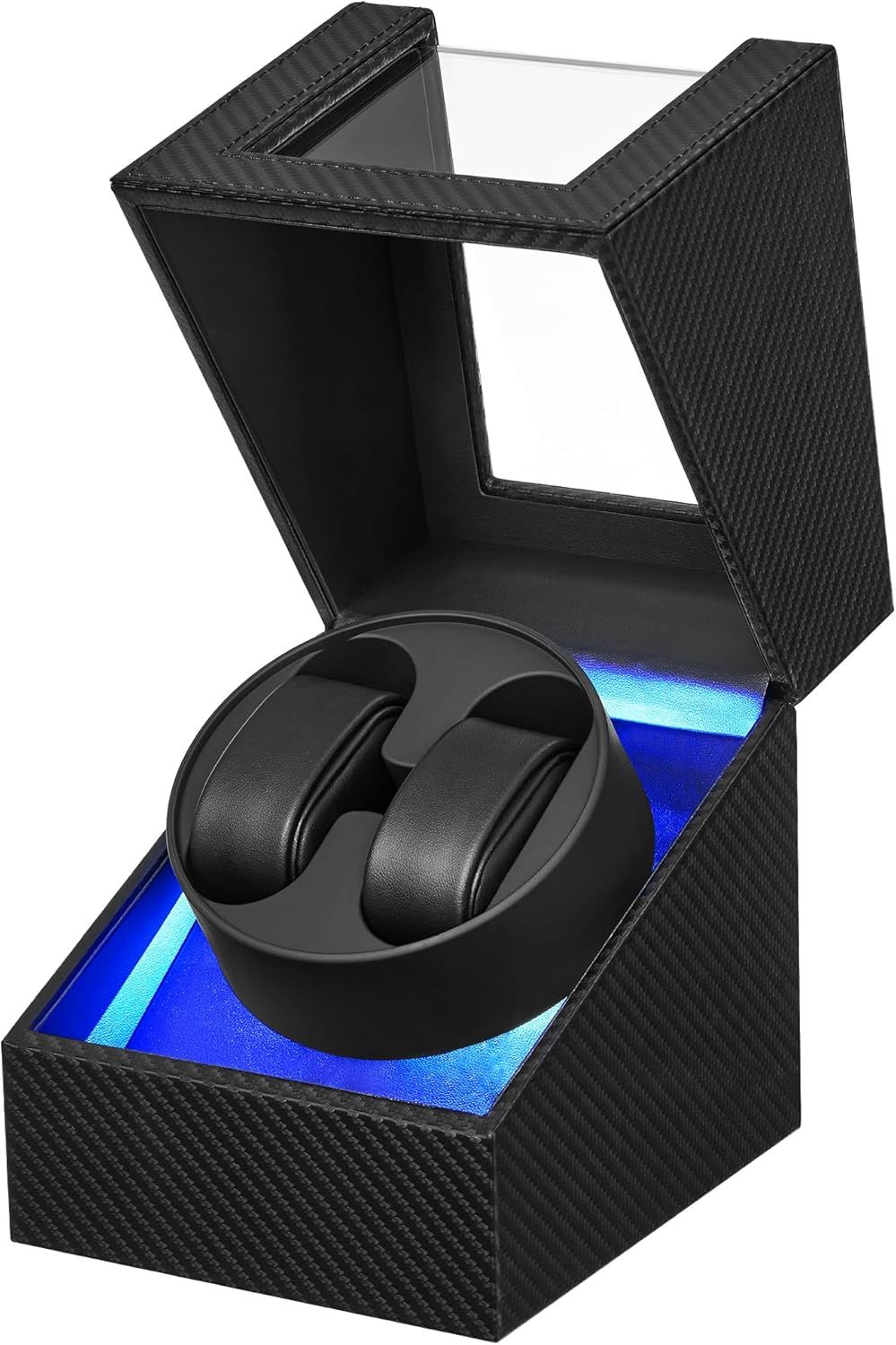 Shows the core product—a luxury watch winder with an open display case—to communicate its premium design, carbon fiber texture, and illuminated blue LED interior that showcases watches elegantly.…