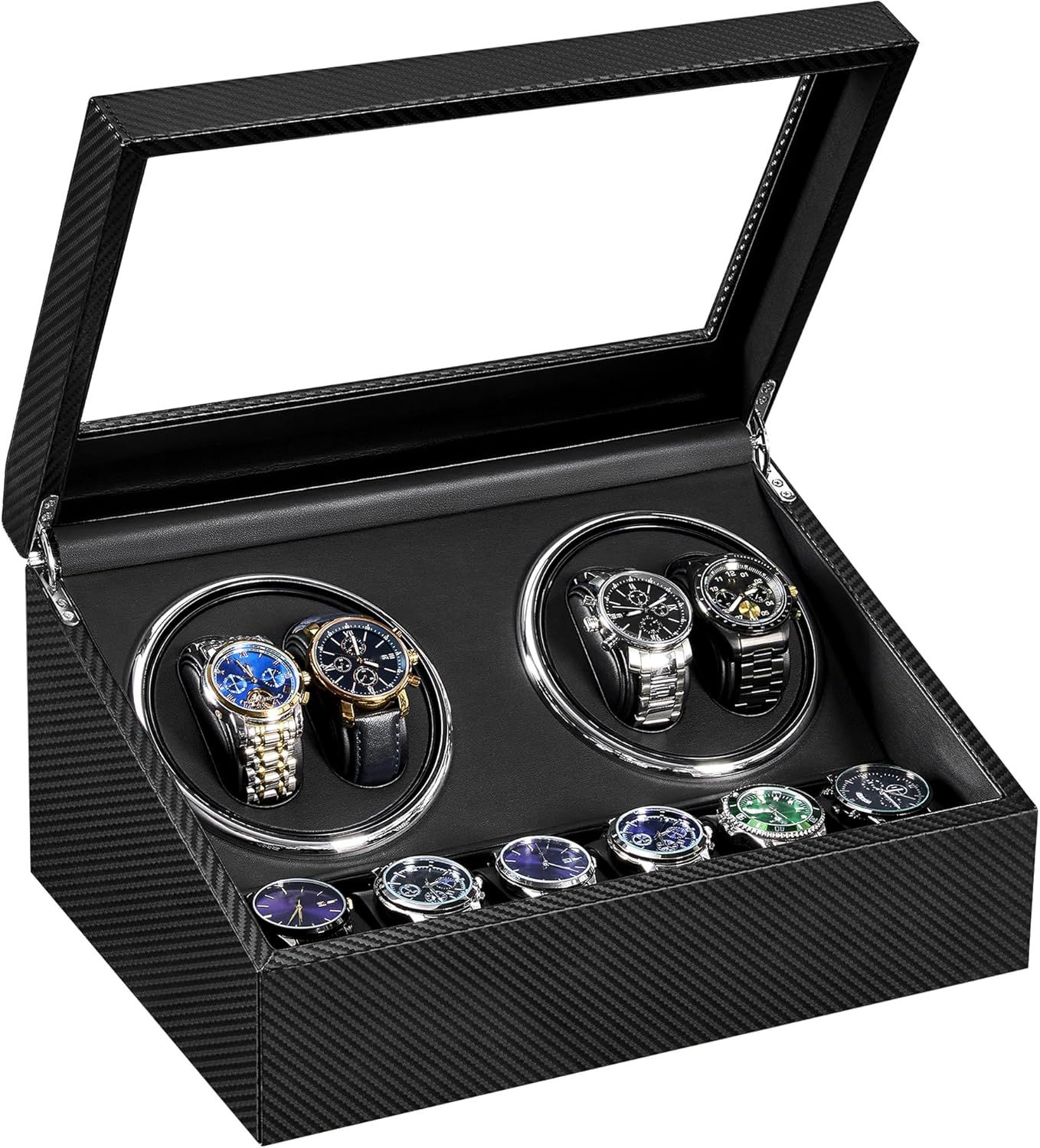 Shows the core product—a luxury watch winder and storage case—displaying its capacity to hold multiple watches with automatic winding functionality and organized storage compartments. Demonstrates…